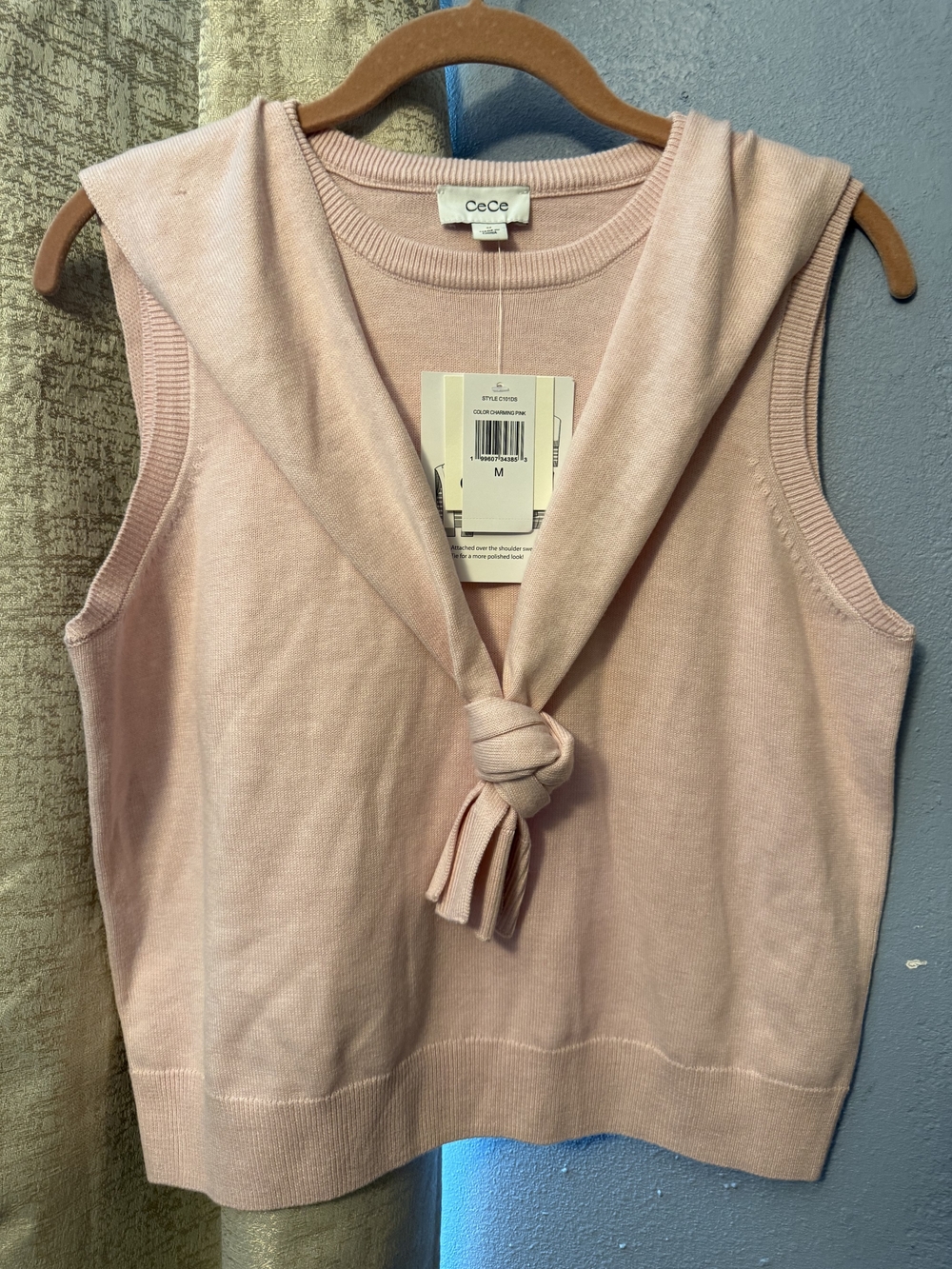 CeCe Sleeveless Knit Tank Top in Pale Pink with Front Tie
